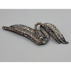 Vintage Wavy Chocolate Rhinestone Brooch Pin Silver Tone Curvey Brown Sparkle